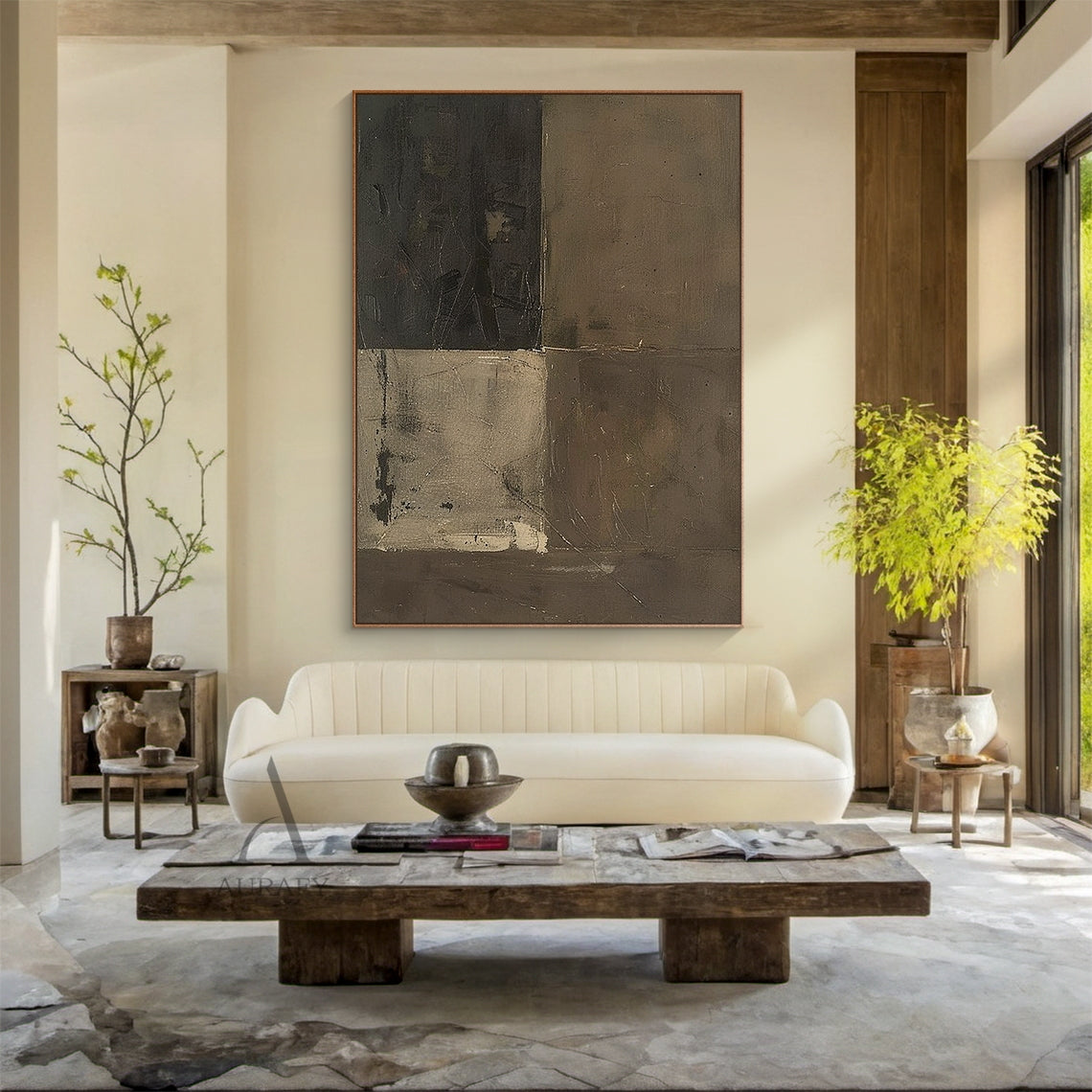 Brown and Charcoal Abstract Block Painting with Weathered Texture - AURA822