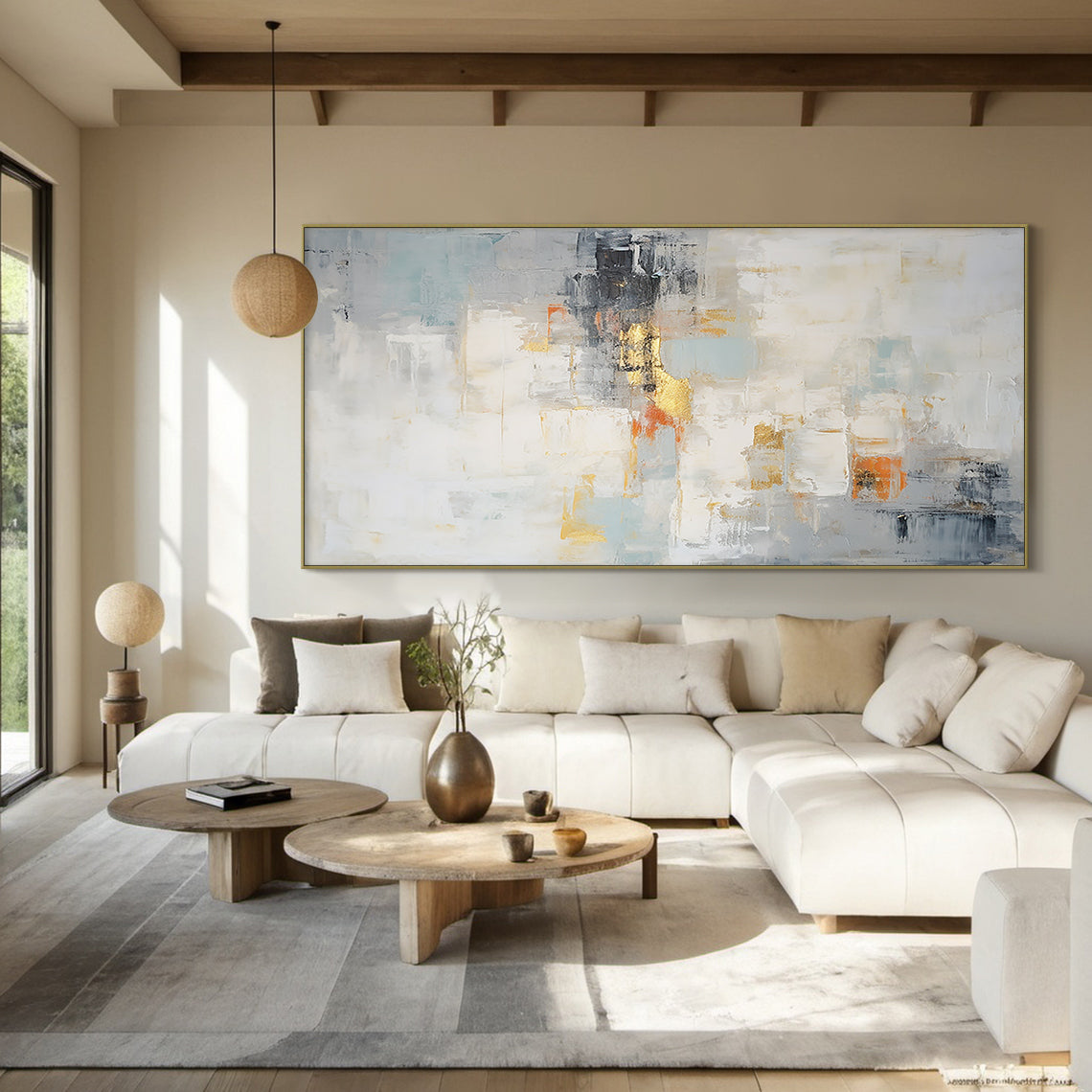 Modern Abstract Blue Beige Gold Wall Art for Living Room - AURA187