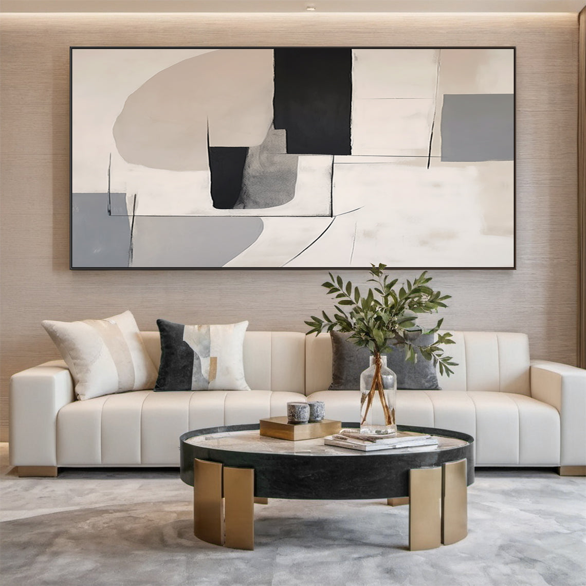Modern Abstract Beige Gray Wall Art Minimalist Living Room Decor - AURA175