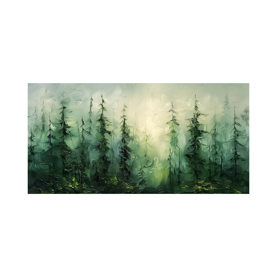 Palette Knife Textured Green Misty Forest Landscape Oil Painting Impasto Wall Art Rustic Nature Decor AURA776