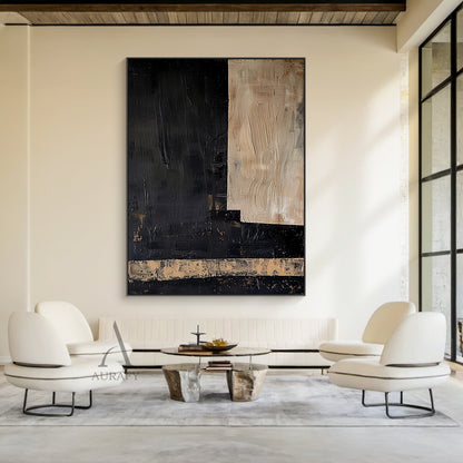 Black Abstract Wall Art with a Striated Beige Panel and Band - AURA843