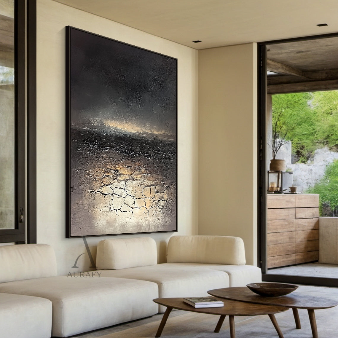 Black Abstract Painting with Beige Crackle and Warm Highlights - AURA824