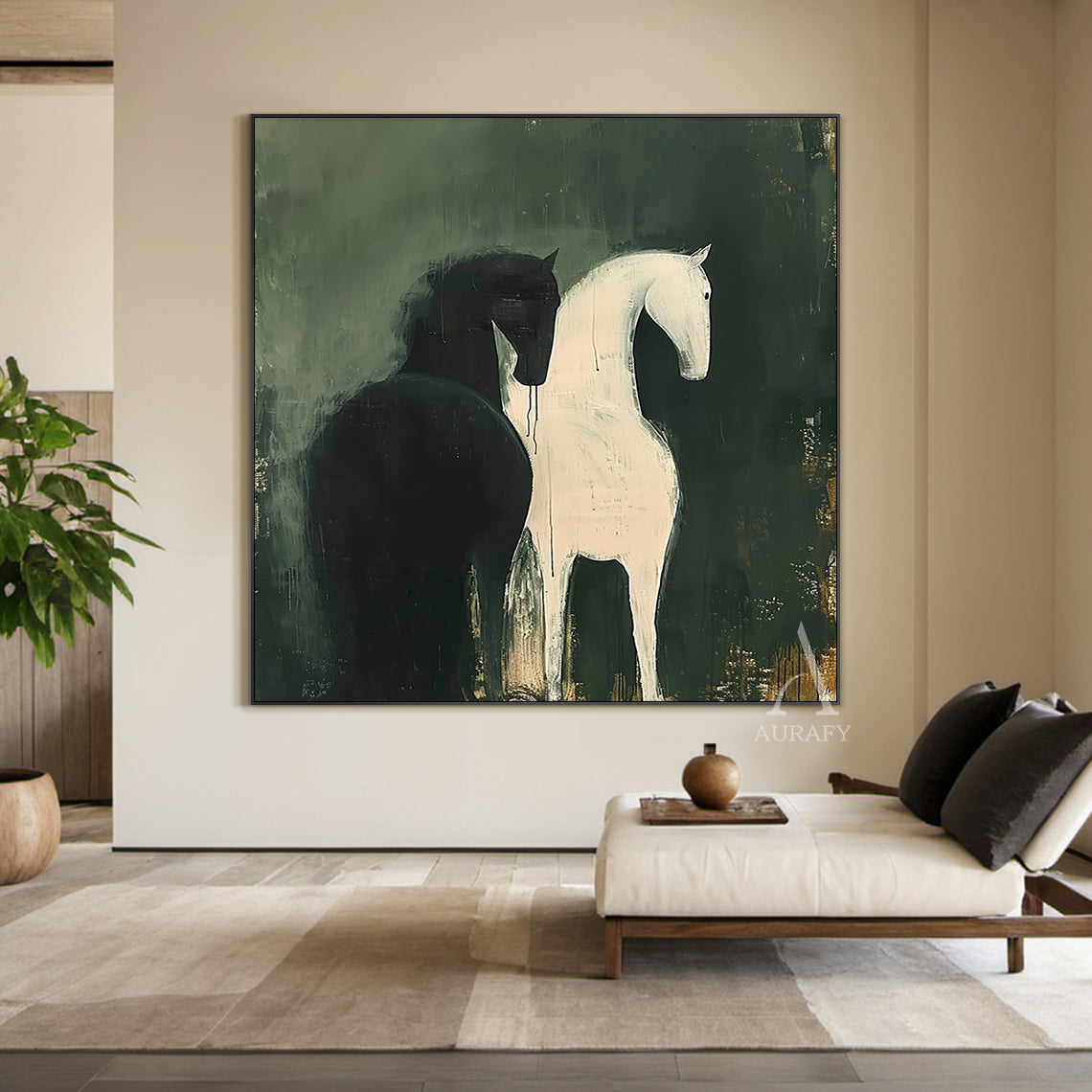 Large Scale Abstract Green Horse Oil Painting Textured Animal Wall Art-AURA340