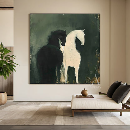 Large Scale Abstract Green Horse Oil Painting Textured Animal Wall Art-AURA340