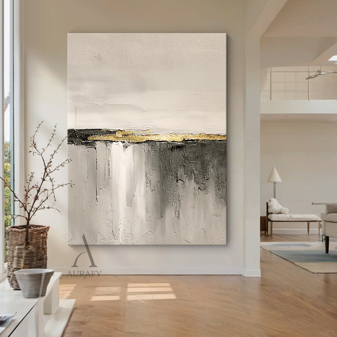 Plaster Textured Beige Abstract Wall Art Gold Foil Accent Wabi-Sabi Japandi Minimalist Tactile Canvas Decor AURA718