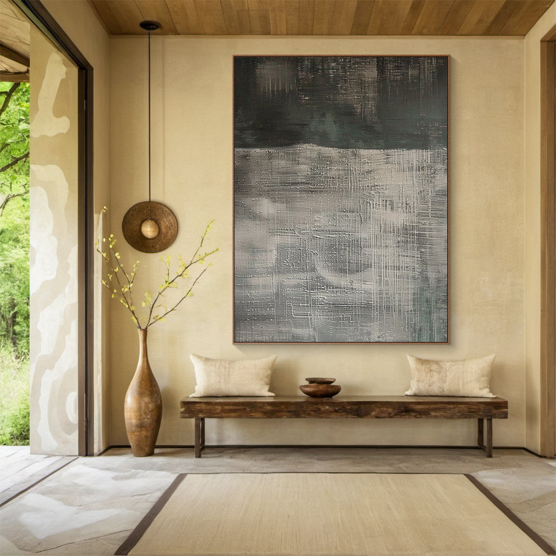 Wabi Sabi Black Gray Abstract Art Tactile Impasto Texture Interwoven Lines Irregular Scratches AURA578