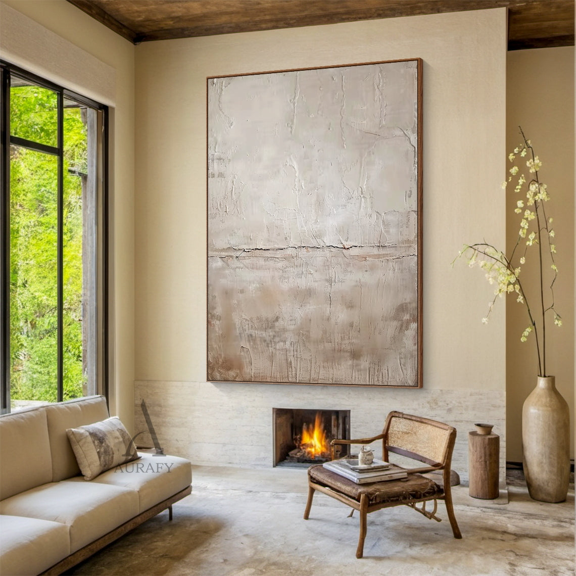 Beige Abstract Painting with Fine Fissures and Soft Tonal Layers - AURA821