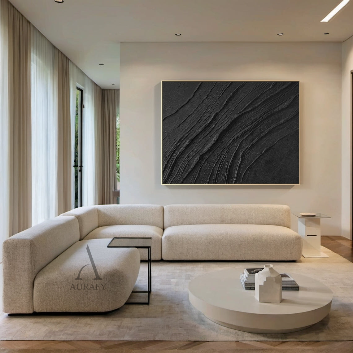 Minimalist Black Wall Art Sculpted Wave-Layered Tactile High-Relief Modern Organic Decor Piece AURA449