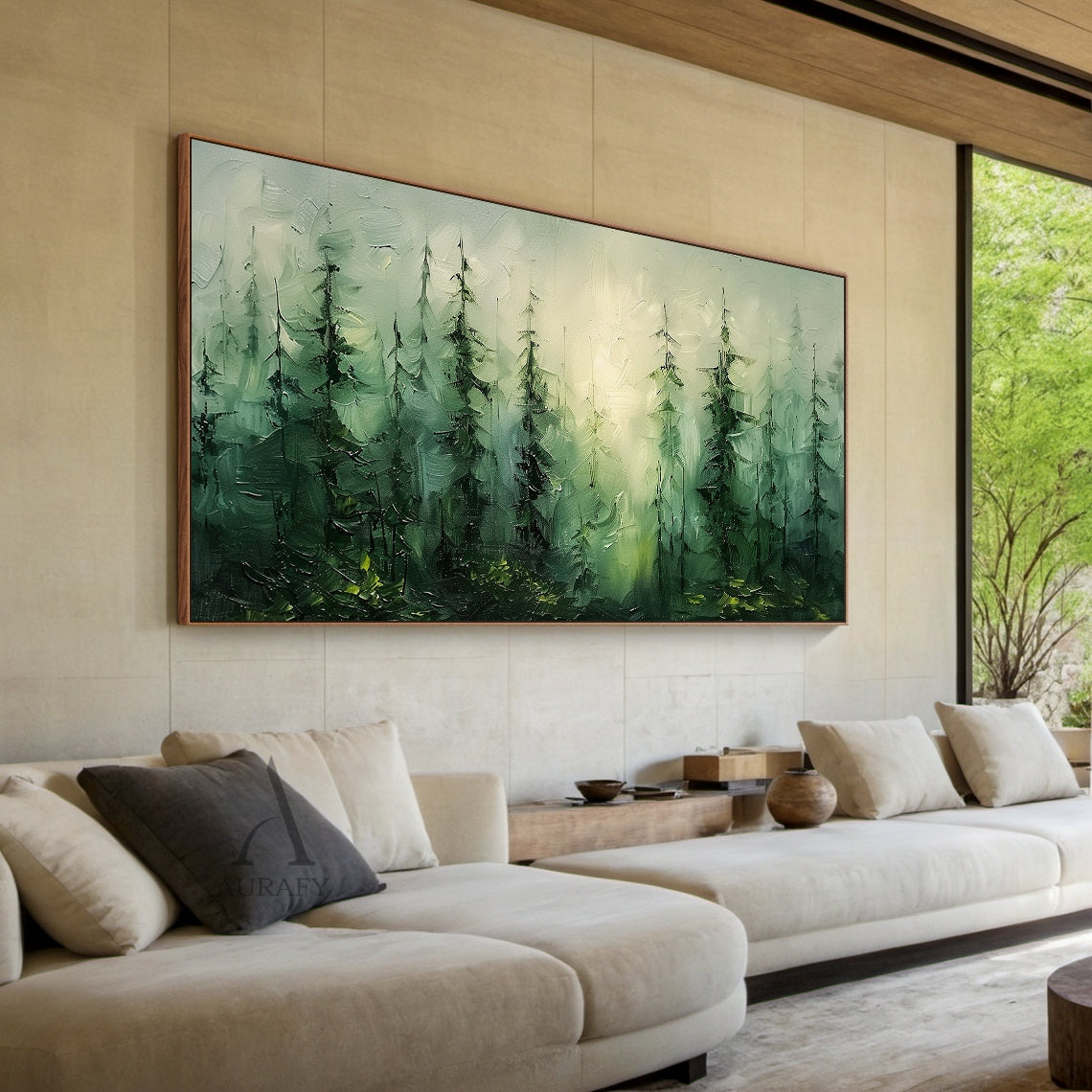 Palette Knife Textured Green Misty Forest Landscape Oil Painting Impasto Wall Art Rustic Nature Decor AURA776