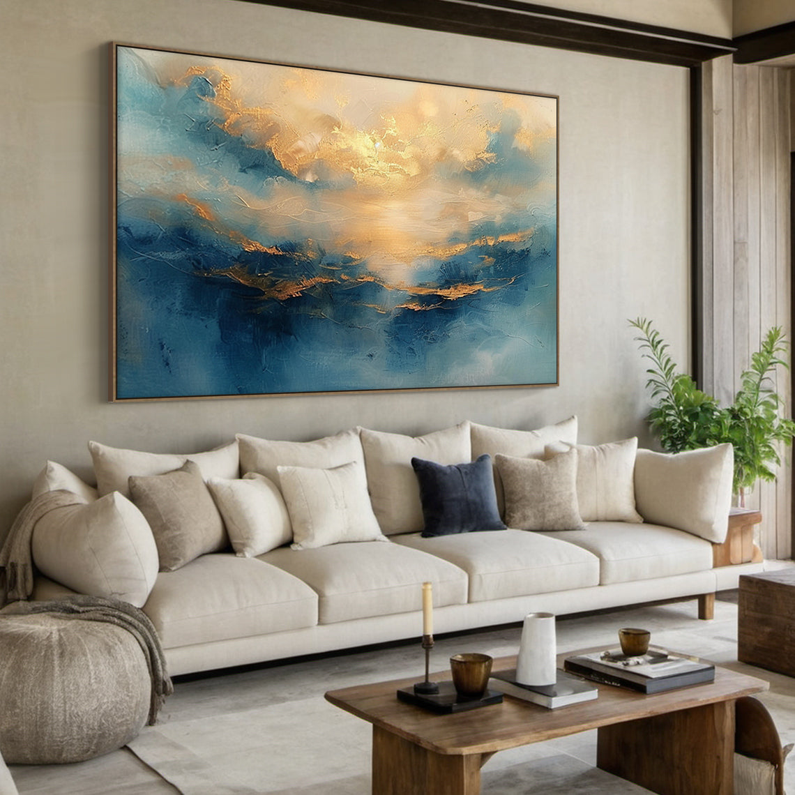 Textured Blue Gold Abstract Landscape Plaster Knife Stroke Japandi Wall Art Minimalist Luxe Home Decor AURA709