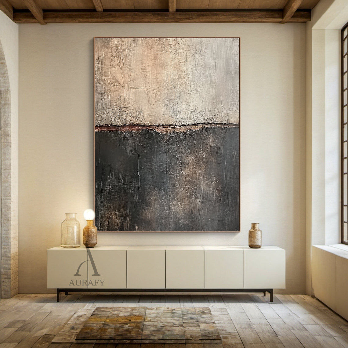Beige and Black Split-Field Abstract Painting with an Earthy Seam - AURA828