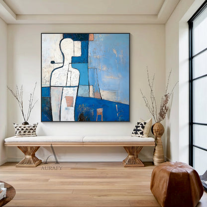 Abstract Blue Art Hand-Painted Tactile Brushstroke Modern Geometric Figure With Orange Accents AURA647