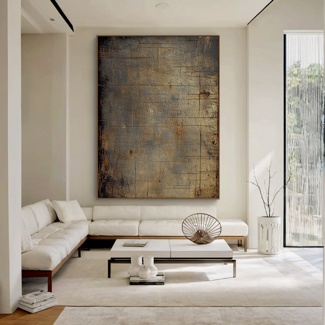 Wabi Sabi Brown Tactile Weathered Aged Artwork with Scratch Marks Rustic Finish AURA585