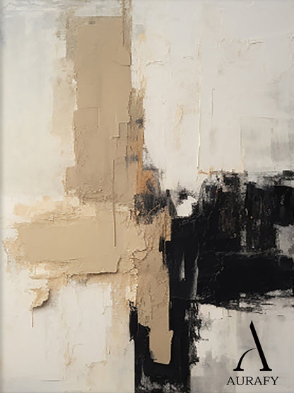 Abstract Beige White Black Plaster Textured Tactile Surface Modern Minimalist Knife Strokes Artwork AURA475