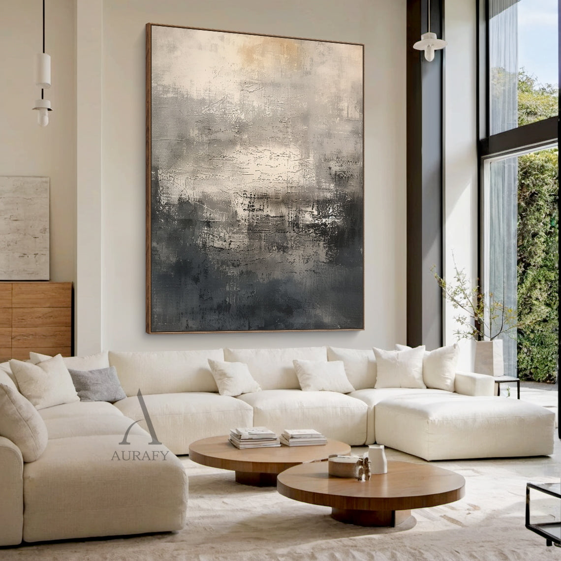 Abstract Black Beige Artwork with Tactile Scratched Texture Mottled Patches Worn Finish Minimalist Luxe AURA639