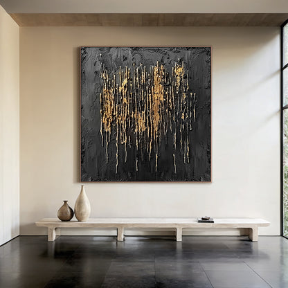 Metallic Drip Texture Canvas-Charcoal & Gold Accents-AURA031