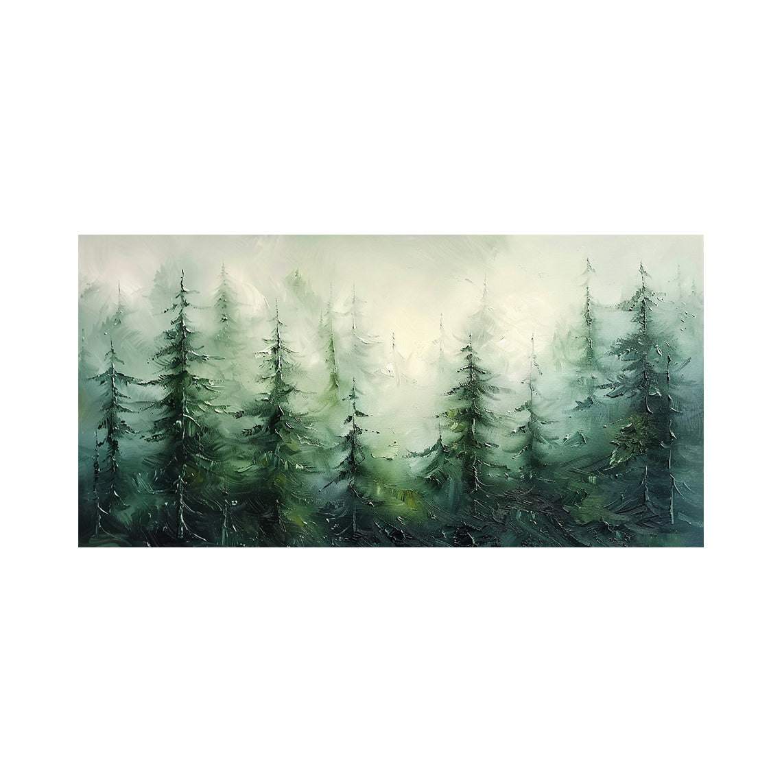 Palette Knife Textured Green Misty Pine Forest Landscape Oil Painting Modern Organic Wall Decor AURA775