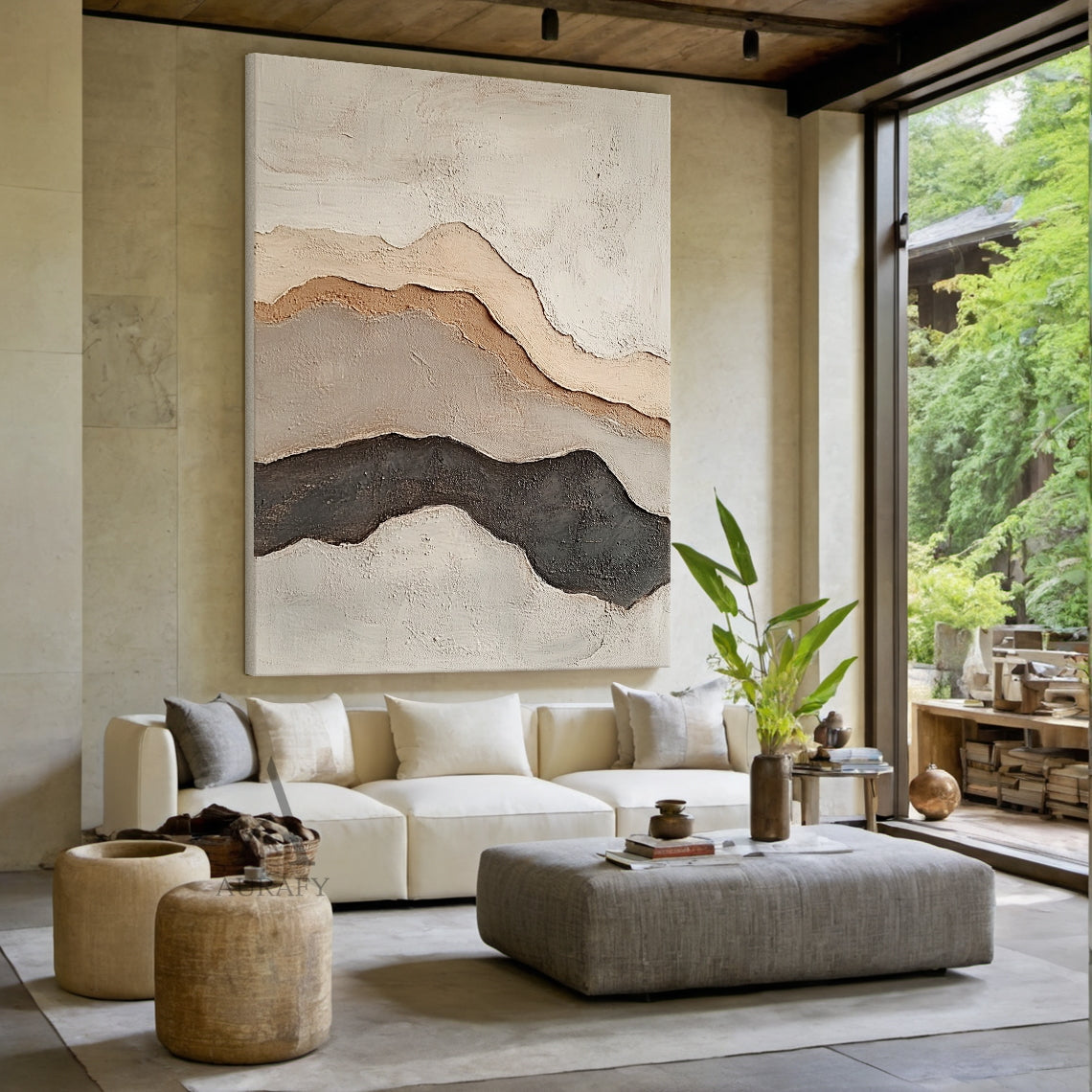 Beige Abstract Landscape Layered Plaster Textured High-Relief Tactile Minimalist Modern Organic Artwork AURA438