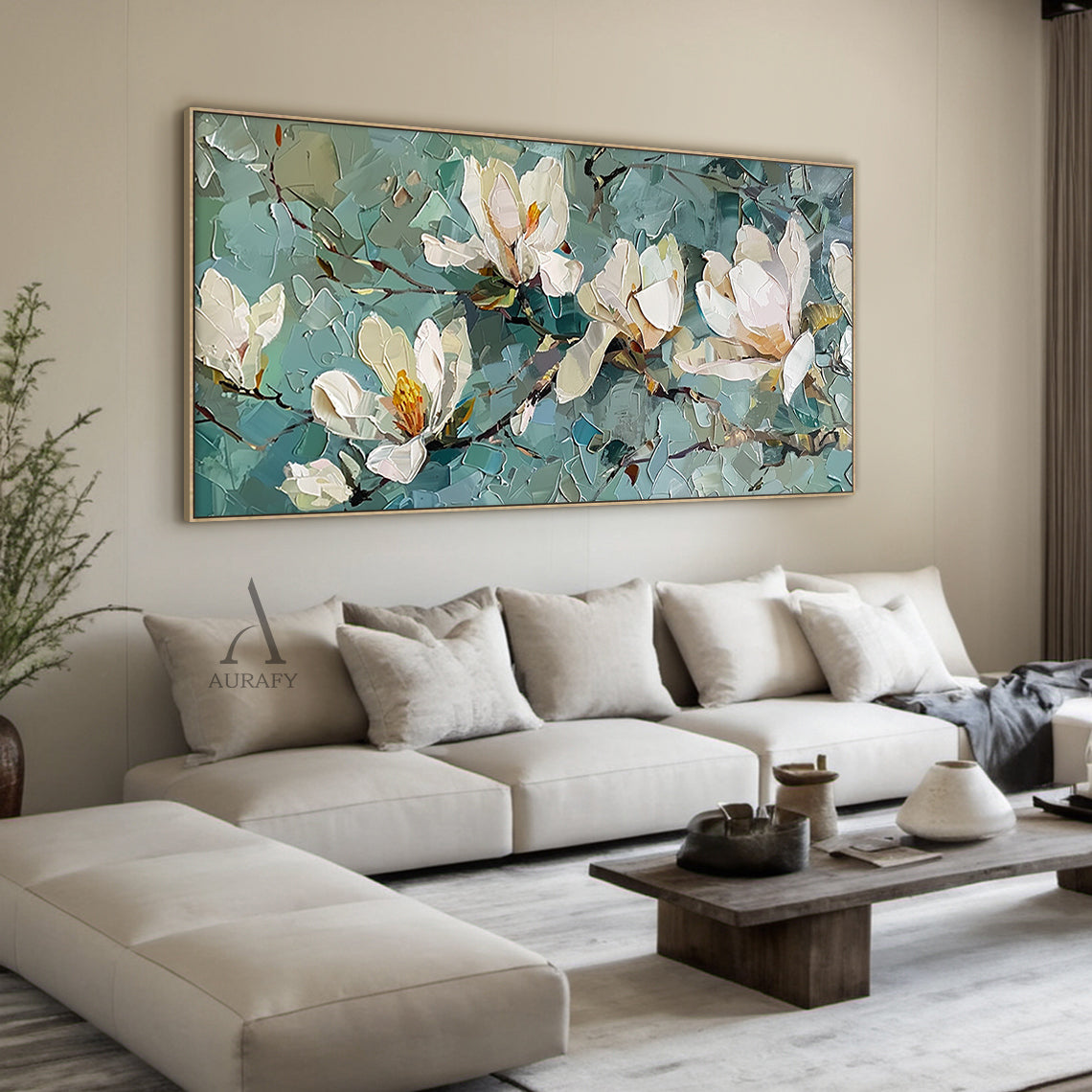 3D Textured Magnolia Painting Knife Strokes High-Relief Blue Green Tactile Modern Artwork AURA418