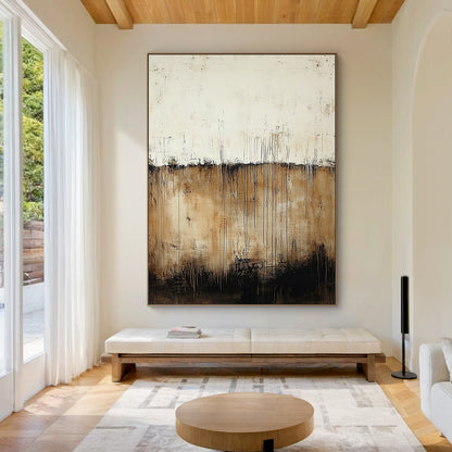 Wabi Sabi Beige Brown Plaster Textured Artwork with Drip Lines Tactile Organic Surface AURA589