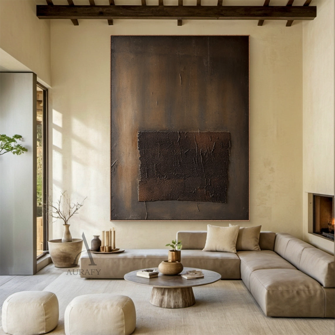 Brown Minimalist Abstract Wall Art with a Textured Inset Block - AURA832