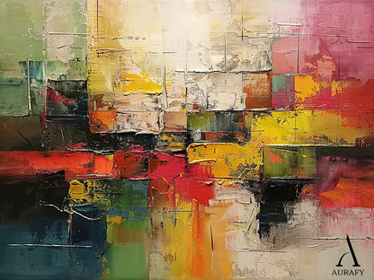3D Textured Abstract Painting with High-Relief Plaster Tactile Surface Pink Green Yellow Knife Strokes AURA571