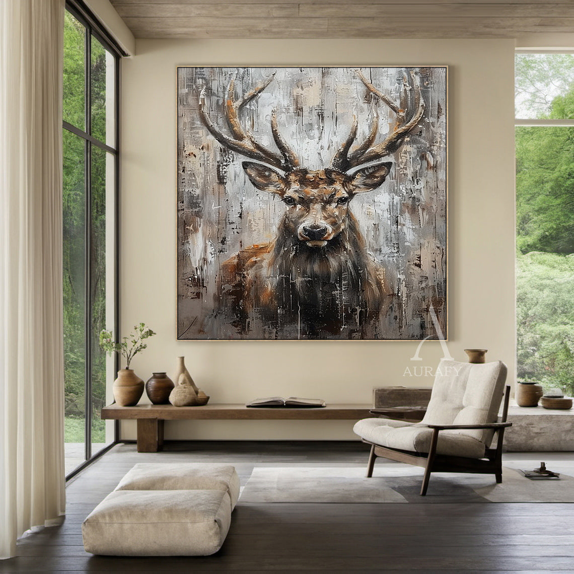 Wabi-sabi Large Textured Brown Stag Animal Oil Painting Canvas Wall Art-AURA339