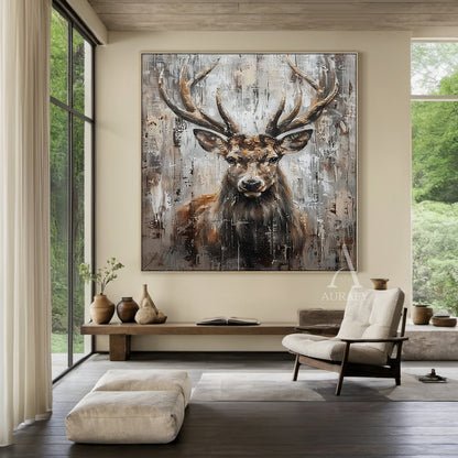 Wabi-sabi Large Textured Brown Stag Animal Oil Painting Canvas Wall Art-AURA339
