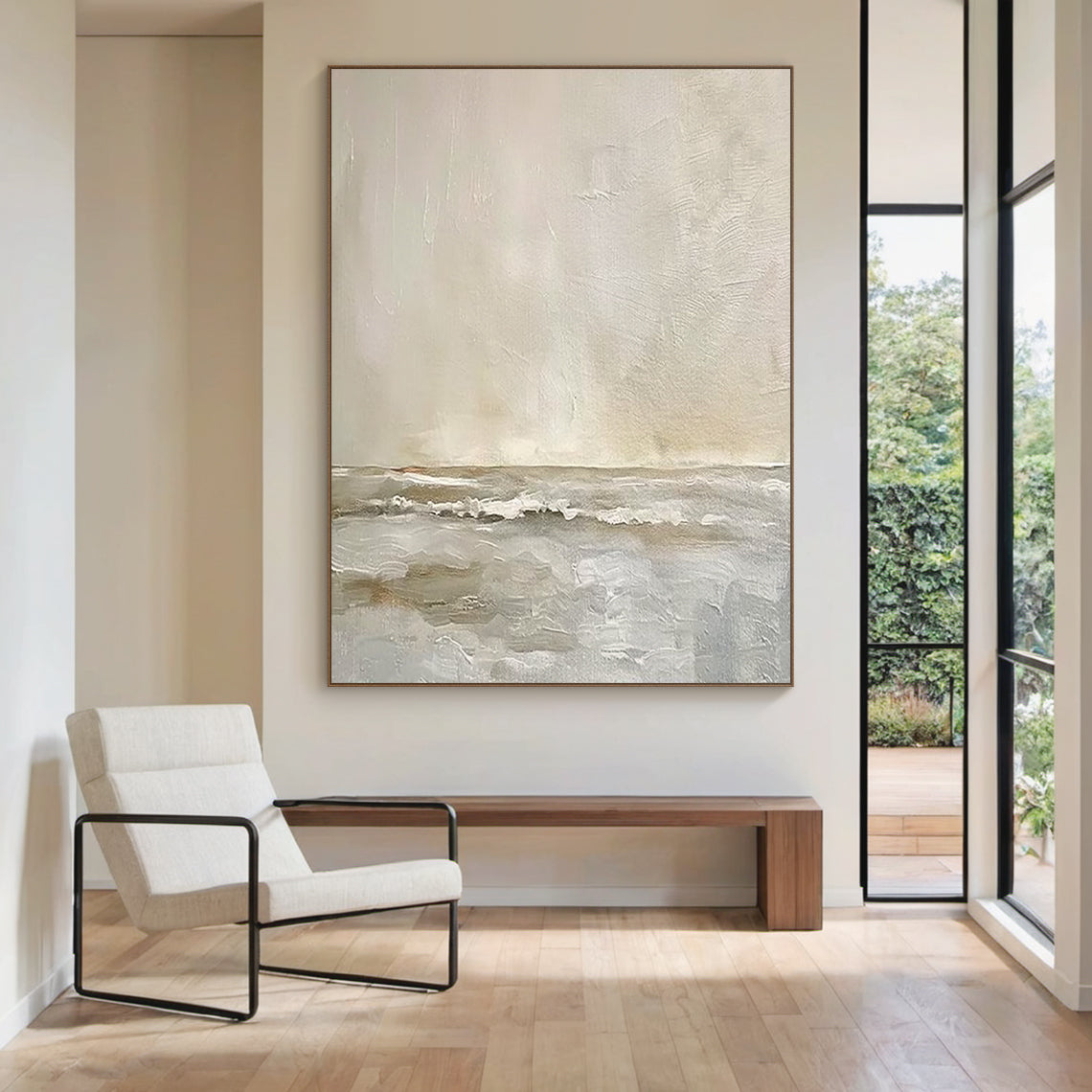 Dreamy Seascape Painting – Misty Taupe & Cream – AURA043(Vertical)