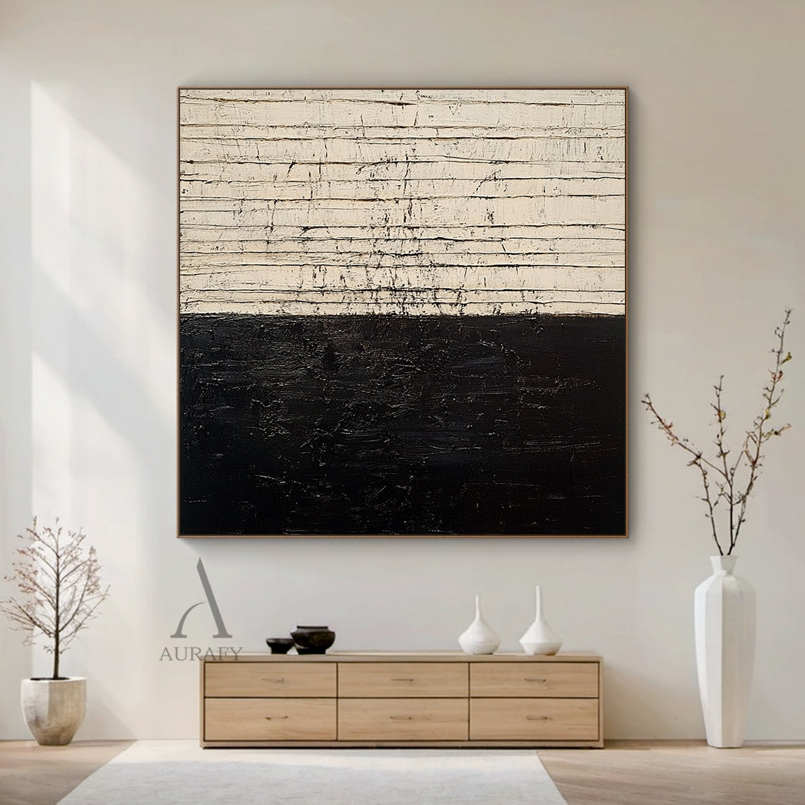 Beige & Black Distressed Textured Abstract Wall Art - AURA814