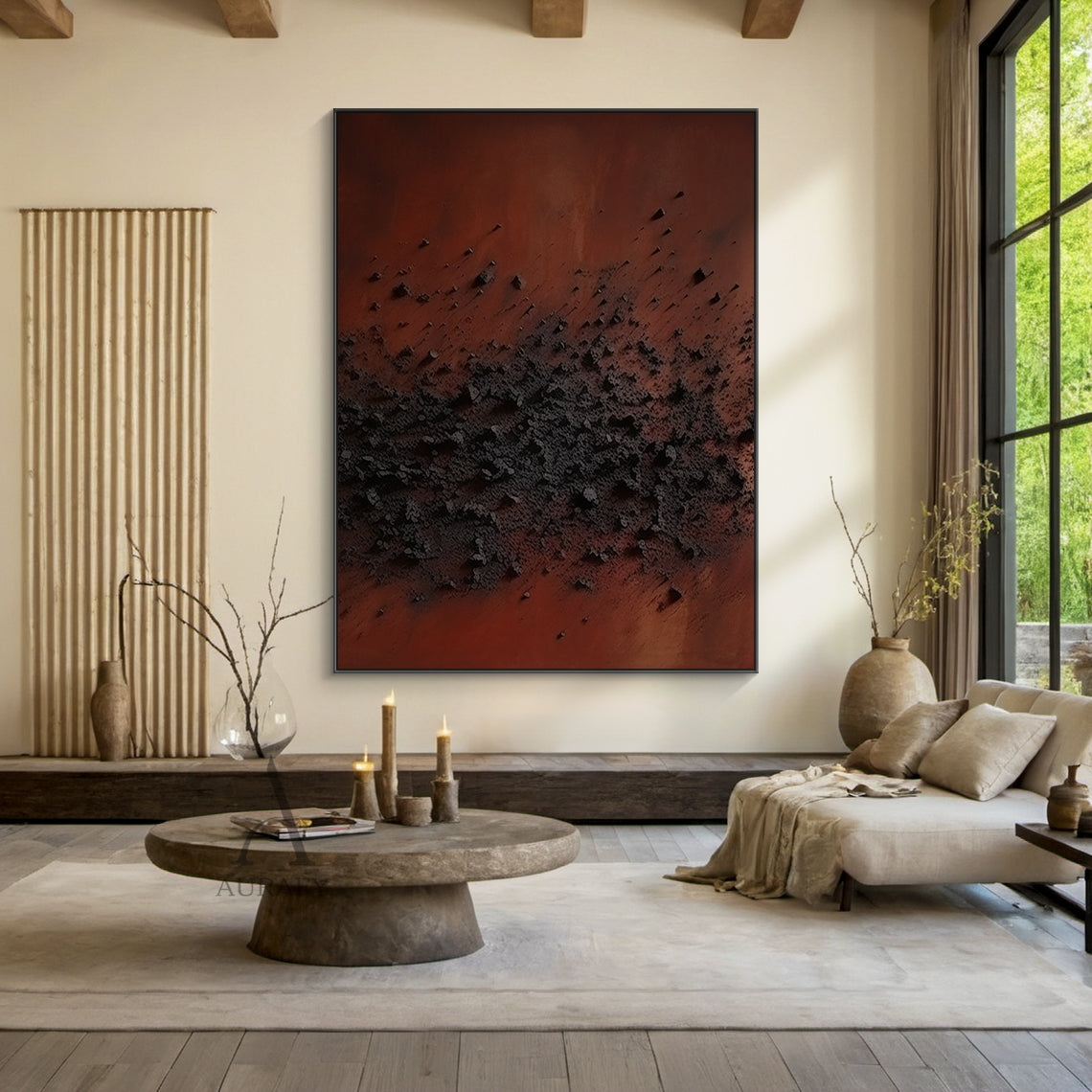 High Relief Terracotta Black Abstract Sculpted Canvas Tactile Minimalist Japandi Modern Home Wall Decor AURA790