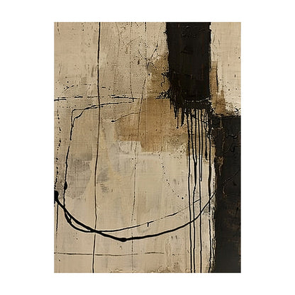 Wabi Sabi Beige Black Tactile Canvas Art with Paint Drip Details Irregular Lines Rustic Texture AURA586