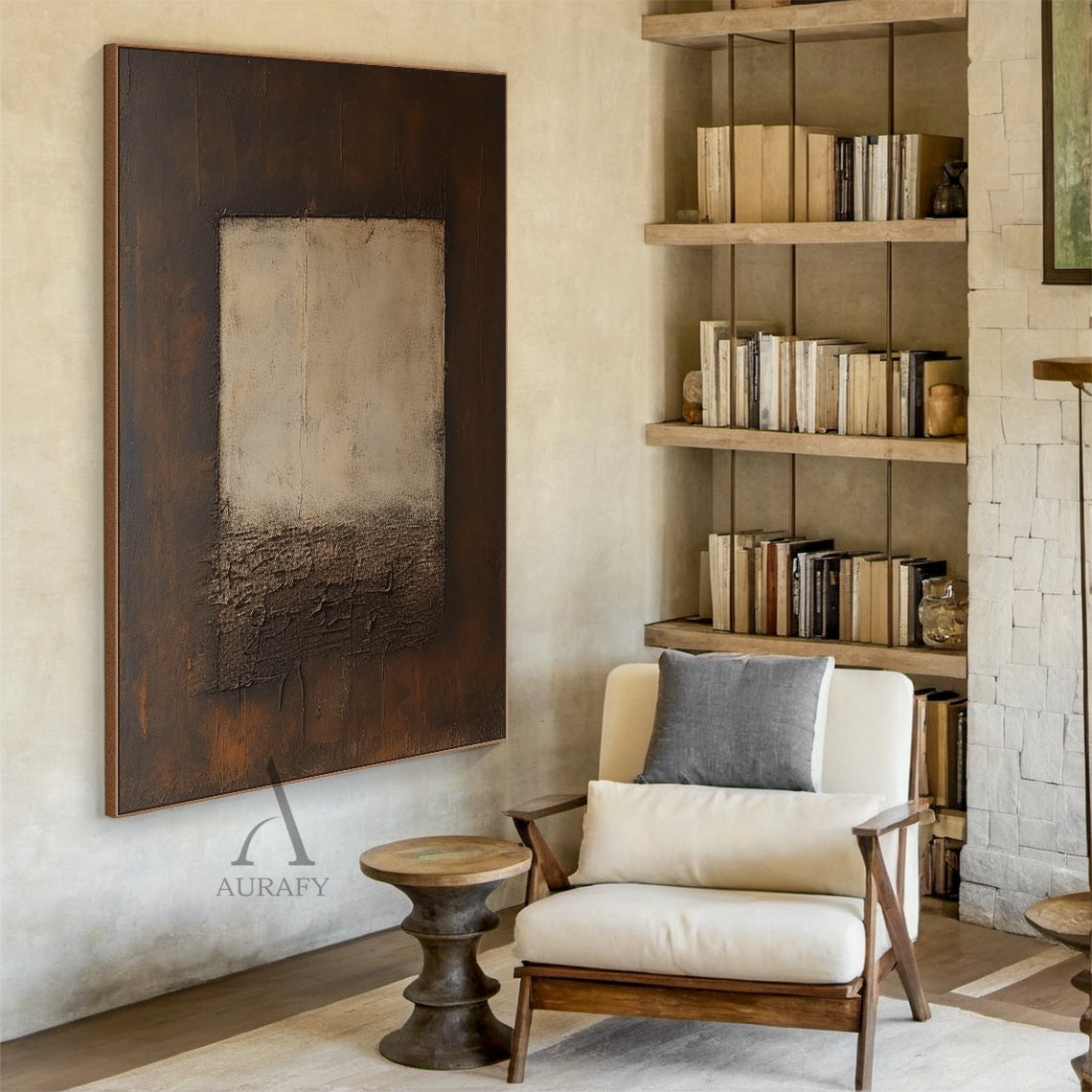 Beige Abstract Panel on Brown with a Craggy Textured Transition - AURA835
