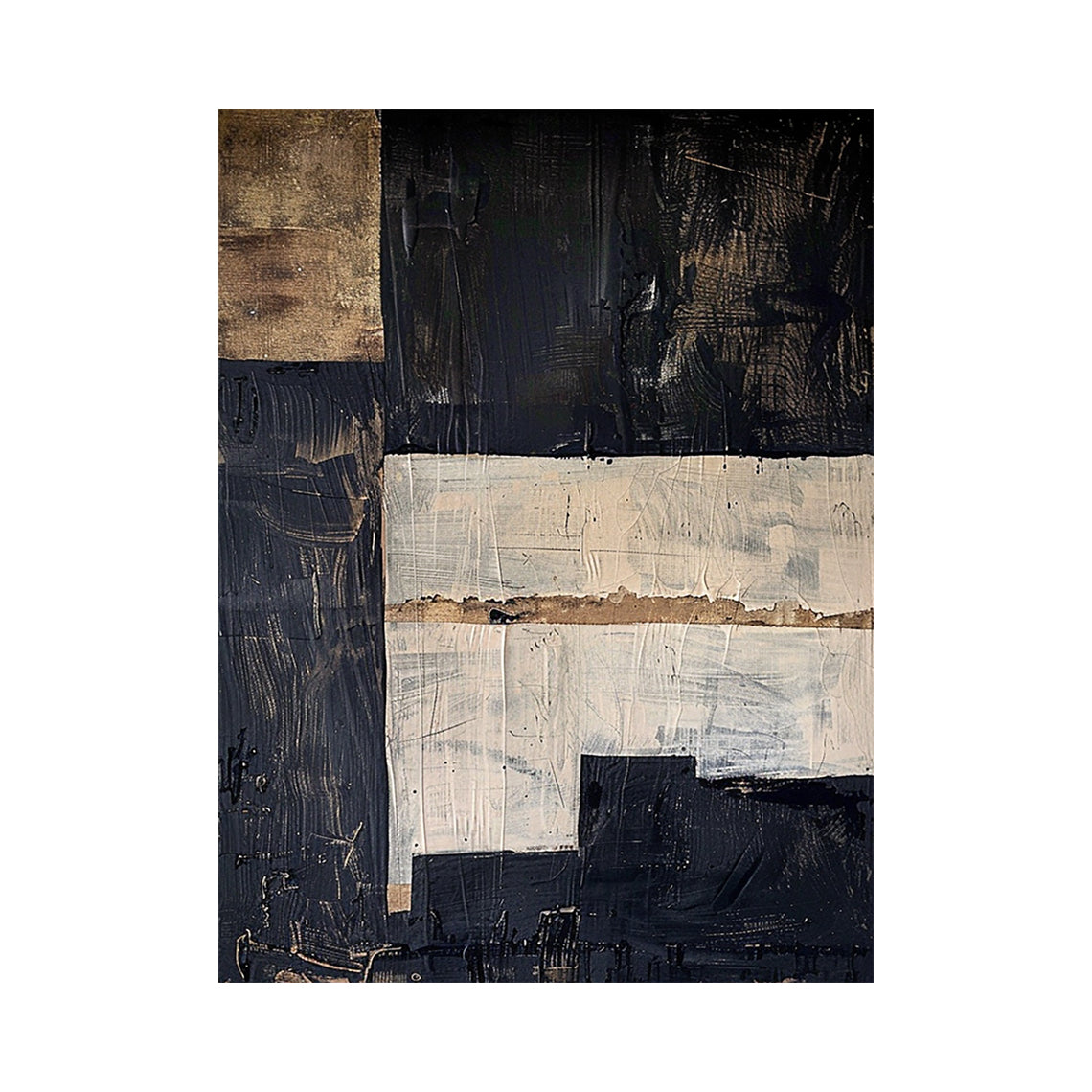 Black and Beige Abstract Wall Art with Stepped Geometric Forms - AURA836