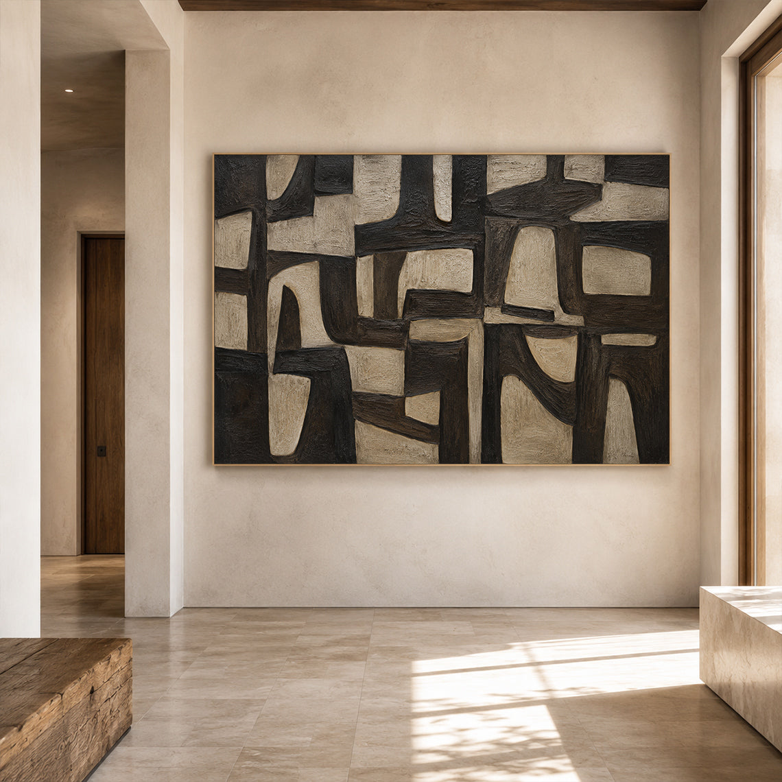 Plaster Textured Abstract Wall Art Black Brown Wabi-Sabi Japandi Minimalist Geometric Tactile Handcrafted Canvas Decor AURA769