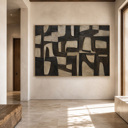 Plaster Textured Abstract Wall Art Black Brown Wabi-Sabi Japandi Minimalist Geometric Tactile Handcrafted Canvas Decor AURA769