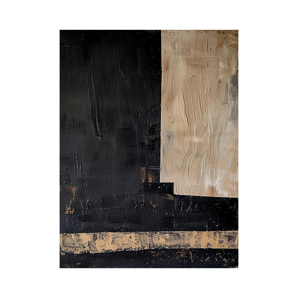 Black Abstract Wall Art with a Striated Beige Panel and Band - AURA843
