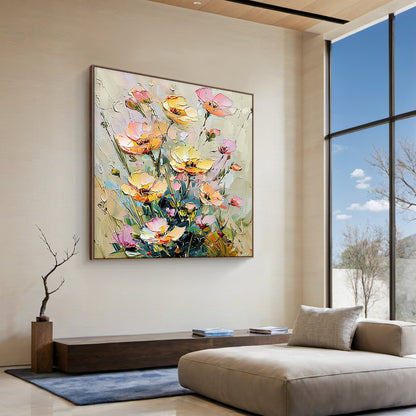 Impasto Knife Stroke Yellow Pink Floral Wabi-Sabi Textured Canvas Wall Art Modern Organic Home Decor AURA711