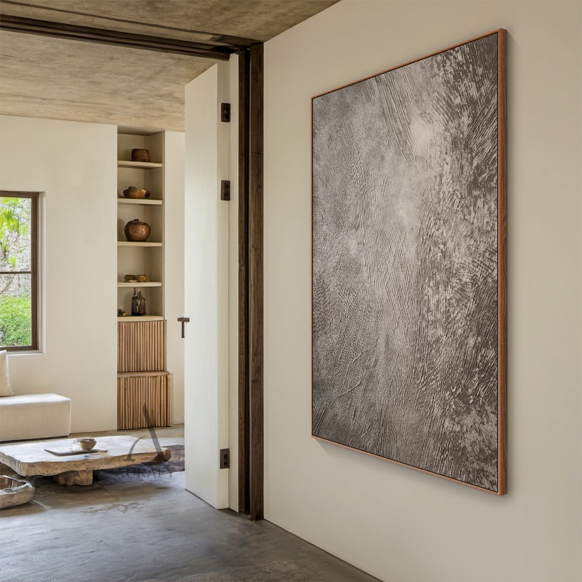Gray Abstract Art Plaster Textured Tactile Surface Industrial Minimalist Sculpted Lines Wall Decor AURA596