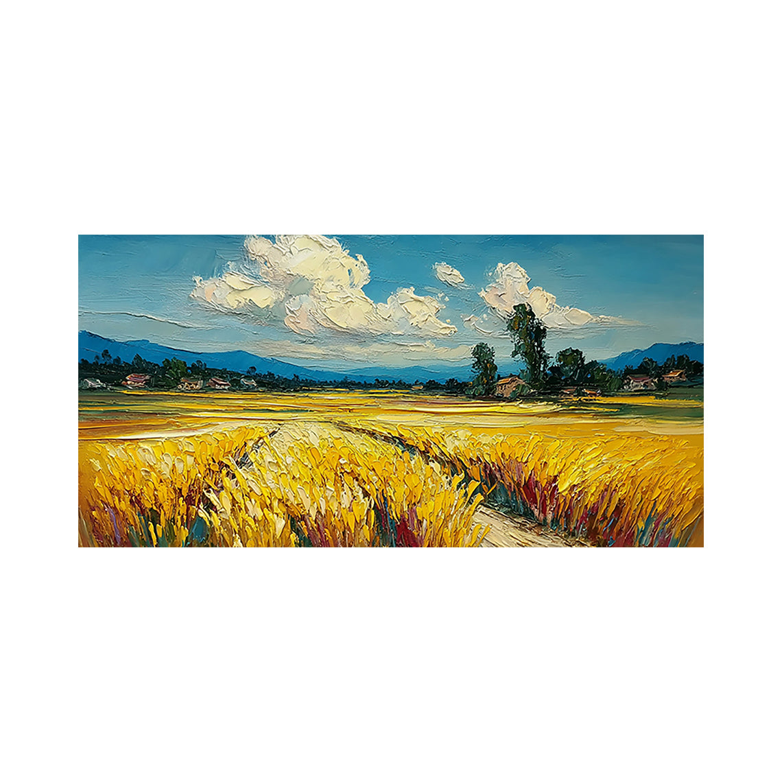 Impasto Textured Yellow Blue Wheat Field Landscape Hand Painted Oil Painting Wall Art Canvas Decor AURA745