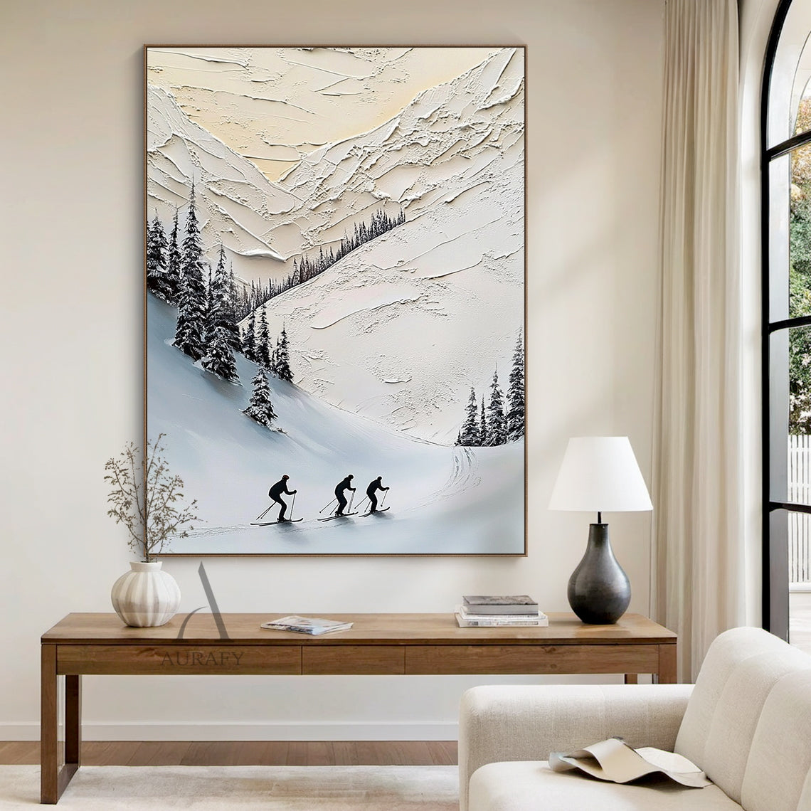 Plaster Textured Winter Ski Landscape Beige Japandi Sculpted Canvas Wall Art Tactile Knife Stroke AURA777