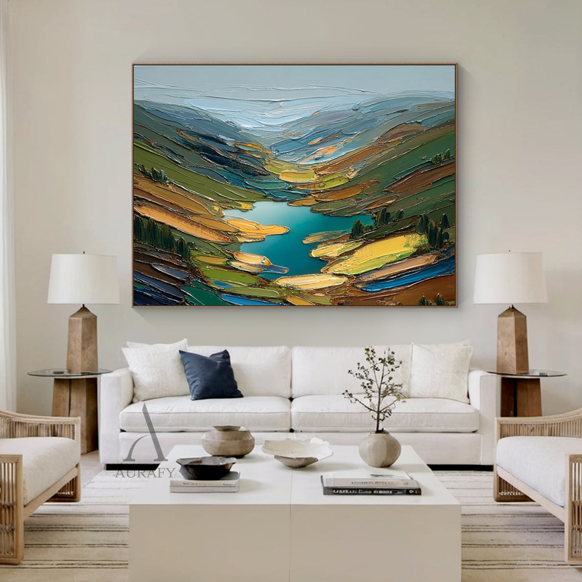 Green Impasto Landscape Artwork Plaster Textured Knife Stroke Mountain Lake Wabi-Sabi Modern Organic Wall Art AURA749