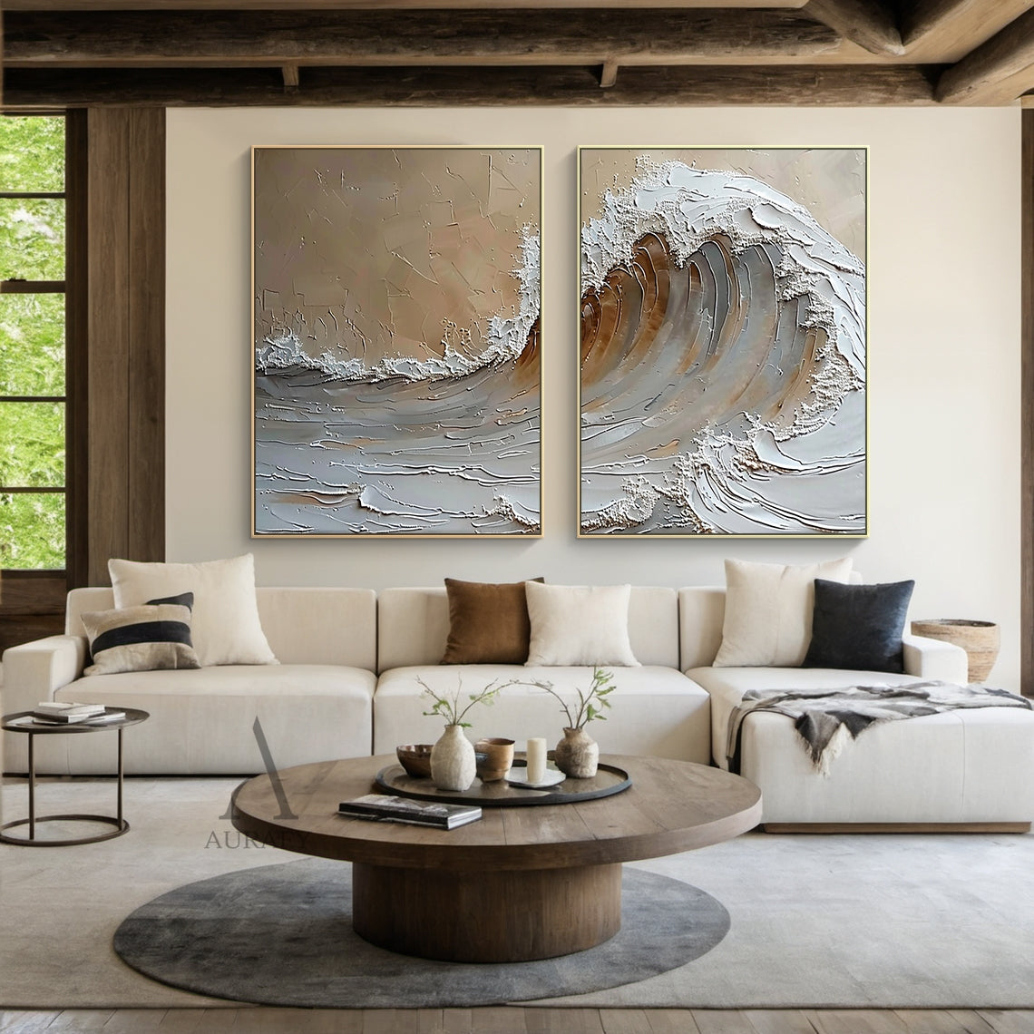 Brown Textured Ocean Wave Wall Art Set of 2 - AURA670