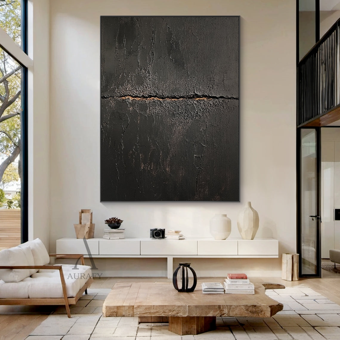 Black Abstract Textured Plaster Wabi-Sabi Gold Accent Sculpted Canvas Minimalist Luxe Tactile Wall Art AURA723