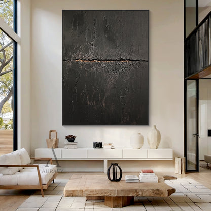 Black Abstract Textured Plaster Wabi-Sabi Gold Accent Sculpted Canvas Minimalist Luxe Tactile Wall Art AURA723