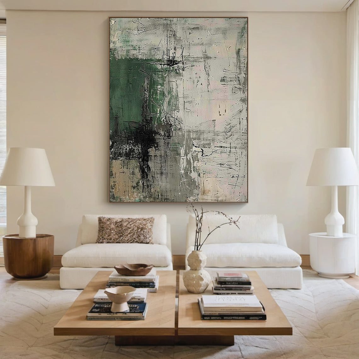 Abstract Minimalist Wall Art – Forest Green & Neutral Grays – AURA021(Square)