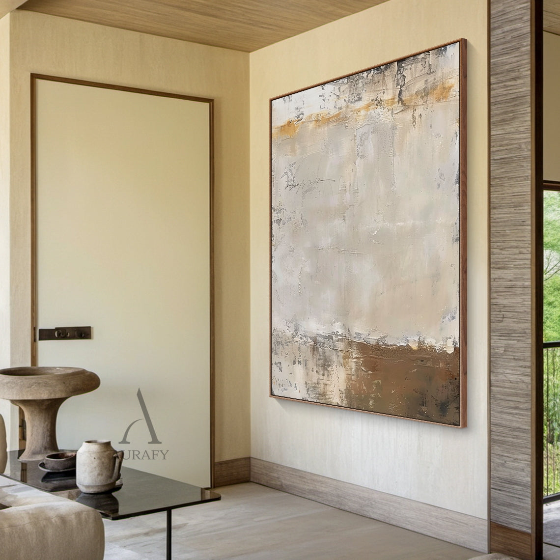 Pale Beige Abstract Painting with Weathered Ochre Traces - AURA844