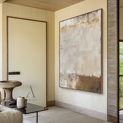 Pale Beige Abstract Painting with Weathered Ochre Traces - AURA844