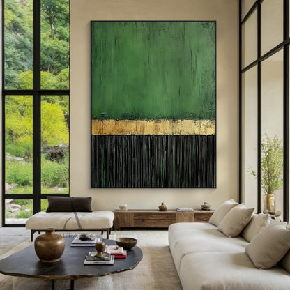 Minimalist Wall Art Green Black Textured Brush Strokes Distressed Gold Vertical Stripes Luxe Piece AURA437
