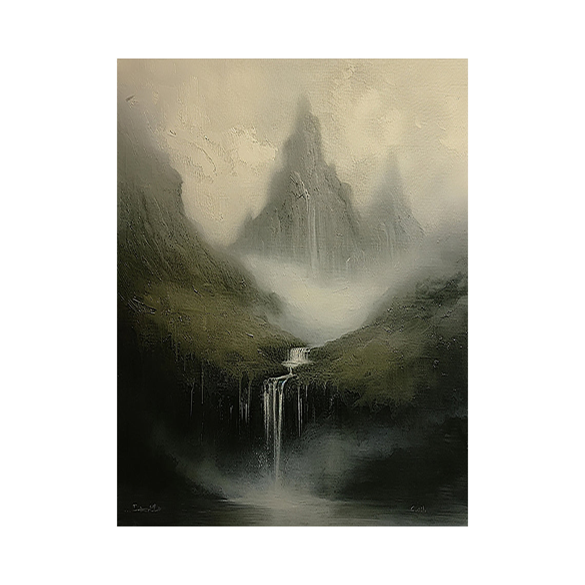 Textured Knife Stroke Green Landscape Misty Mountain Waterfall Wabi Sabi Japandi Wall Art Home Decor AURA780